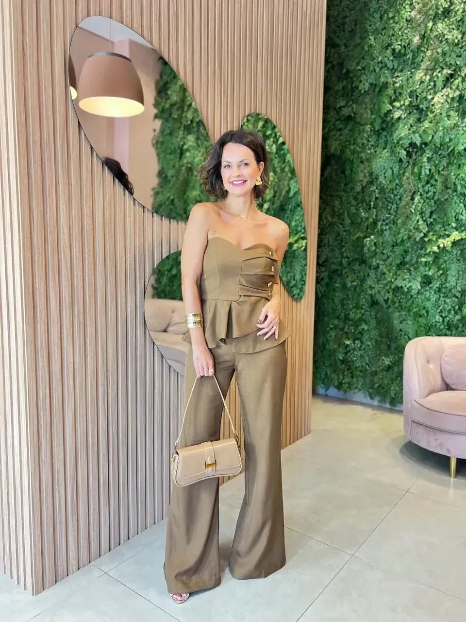 Conjunto Calça + Blusa sem alça com botões, Marrom