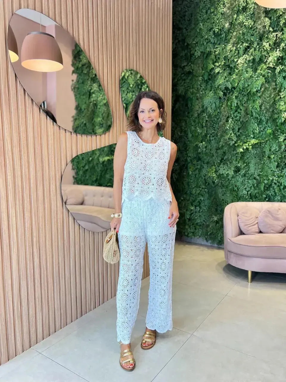 Conjunto Calça + Regata em Crochê, Branco