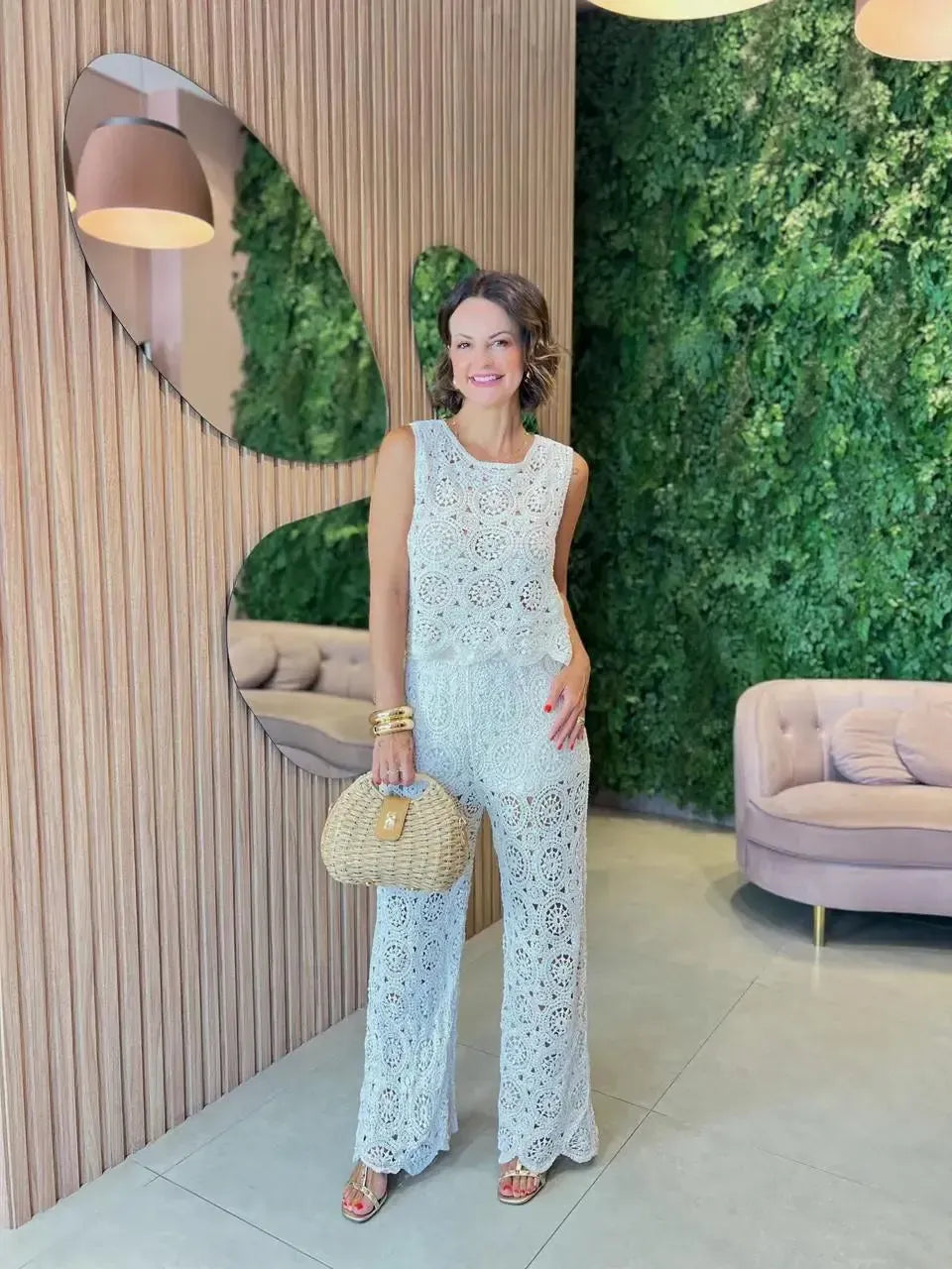 Conjunto Calça + Regata em Crochê, Cru