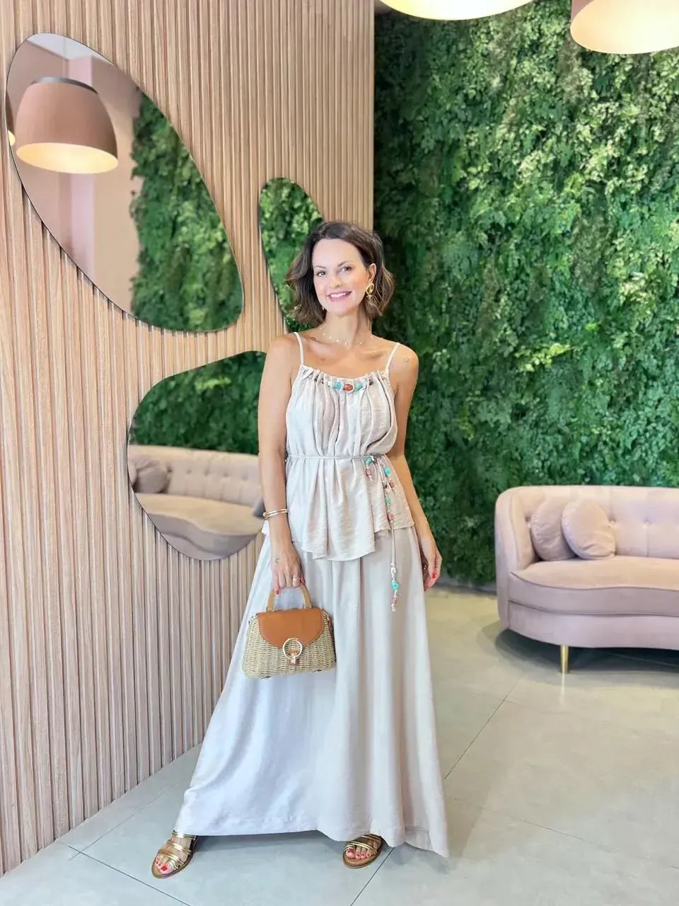 Conjunto Saia Ampla + Regata com Detalhe, Cru