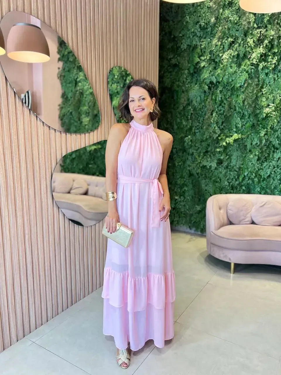 Vestido Longo decote nadador, Rosa