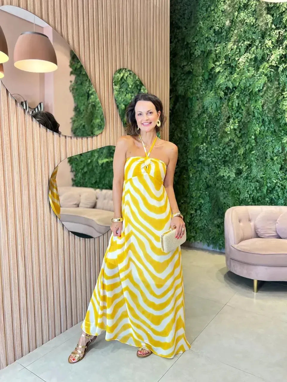 Vestido Longo em Chiffon Frente Única, Amarelo com Off White