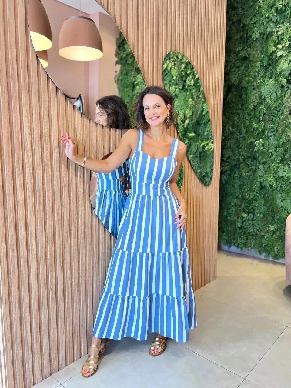 Vestido Midi Listrado em Tricoline, Azul