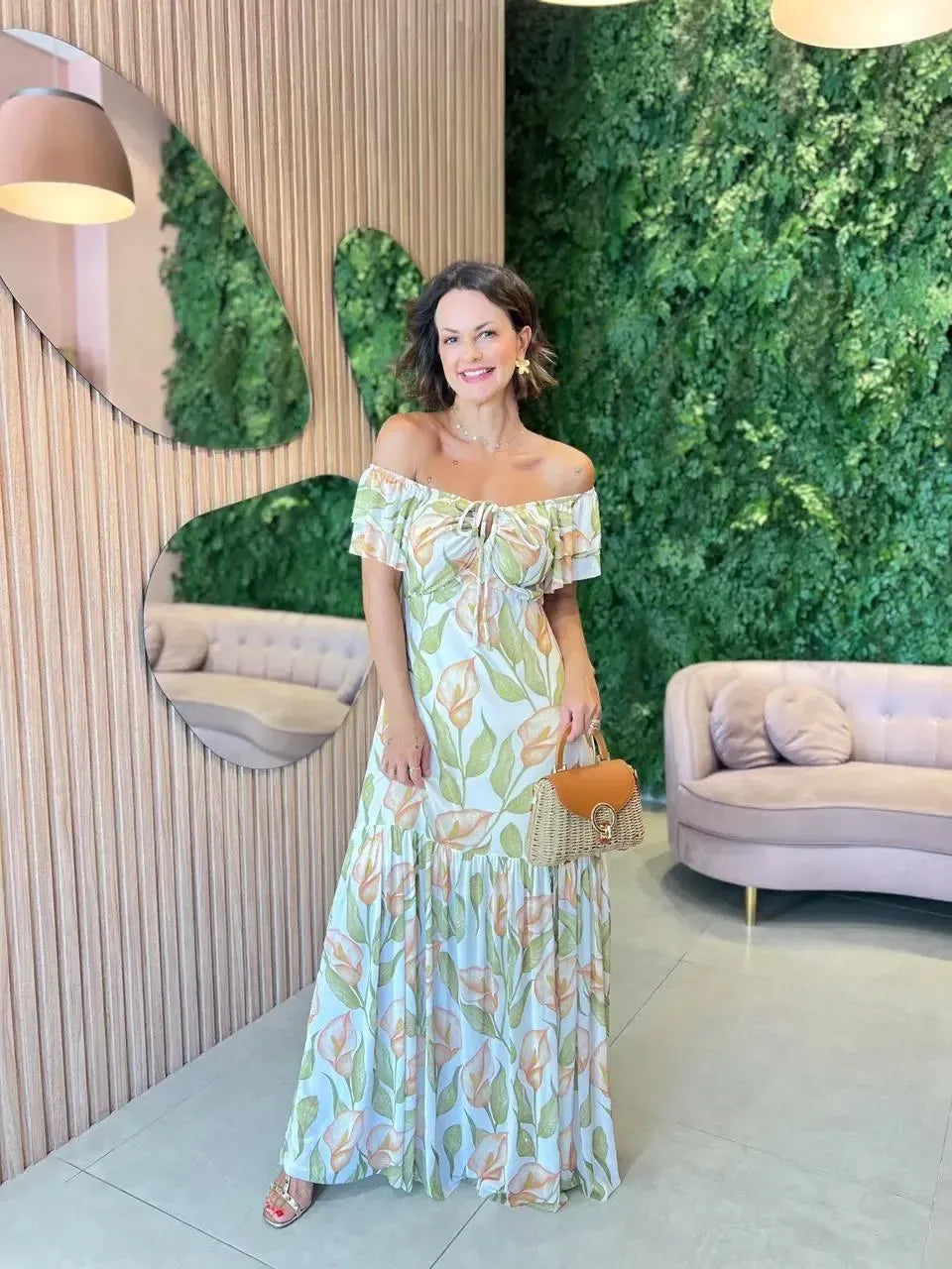 Vestido em tule Ombro a Ombro , Floral Laranja e Verde