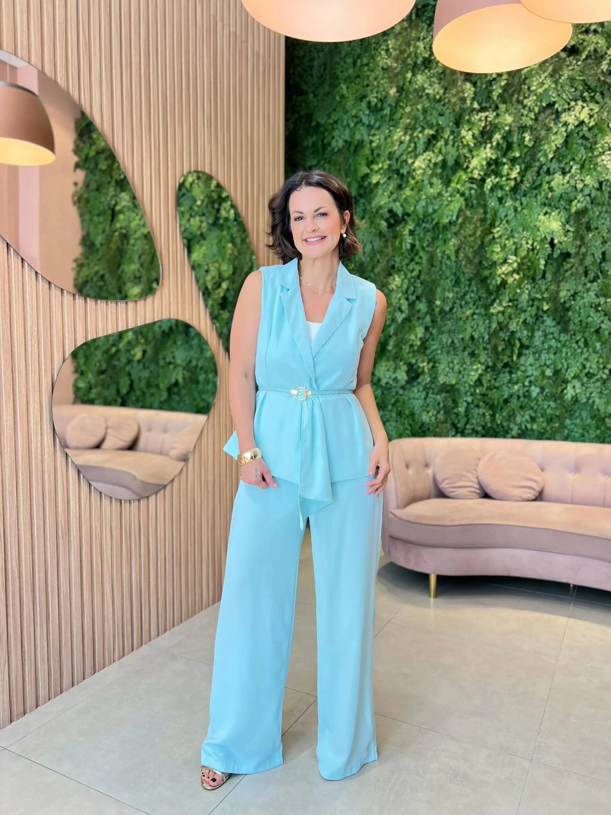 Conjunto Calça + Colete com Cinto, Azul Claro