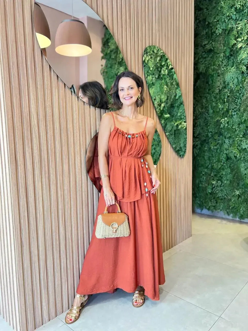 Conjunto Saia Ampla + Regata com Detalhe, Terracota