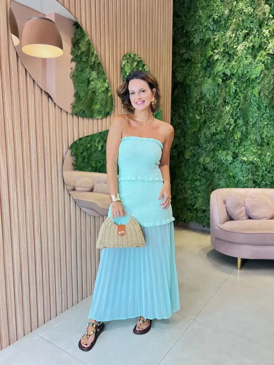 Conjunto Tricô Saia + Cropped, Verde Água