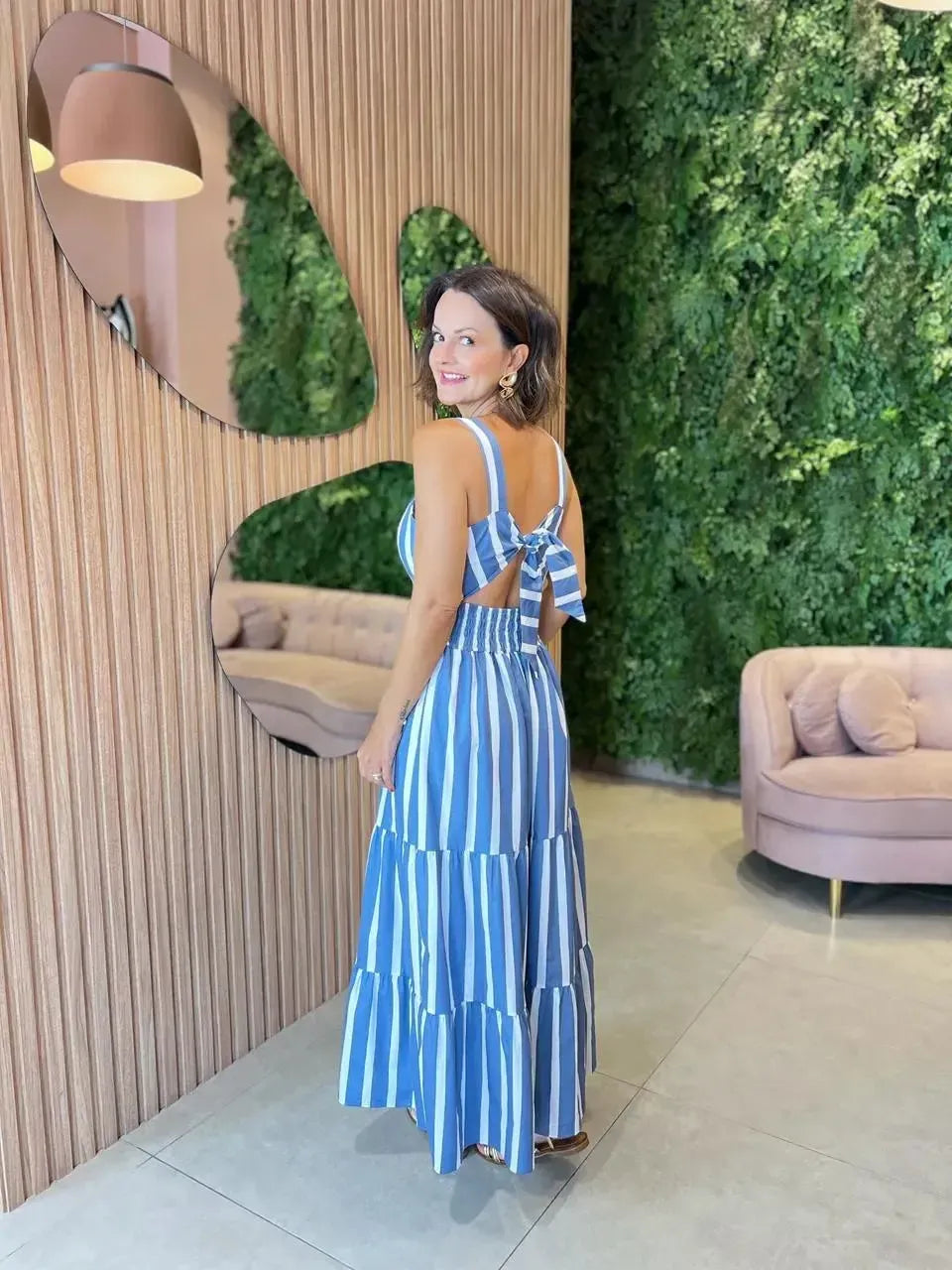 Vestido Midi Listrado em Tricoline, Azul