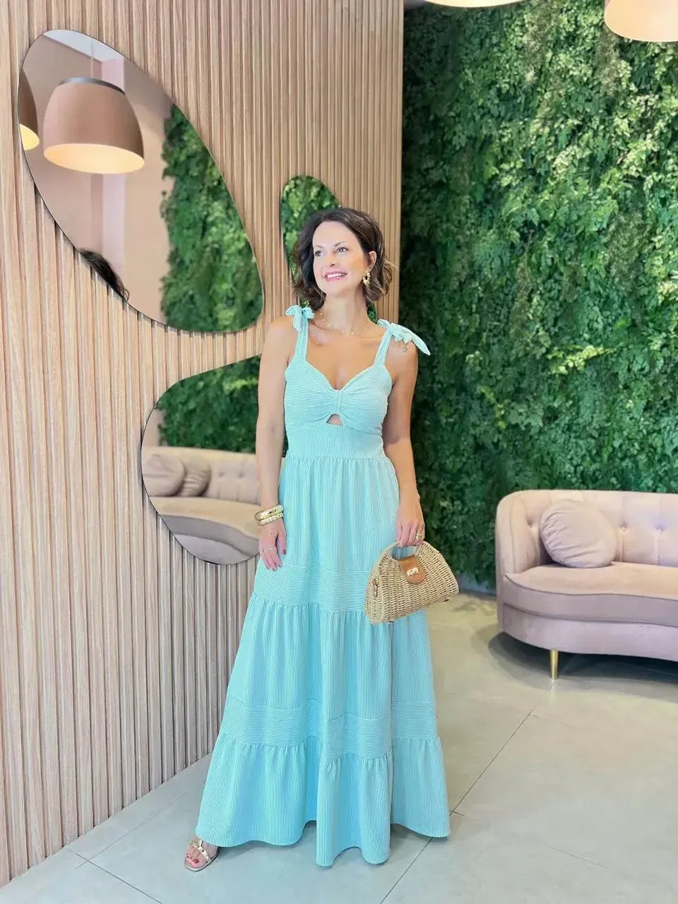 Vestido Midi em Crepinho Listrado, Verde