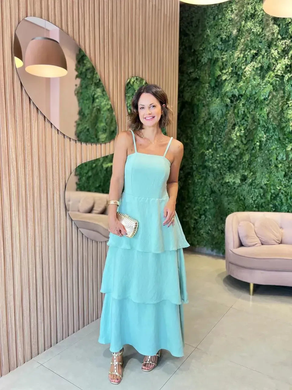 Vestido em Camadas Midi , Verde água