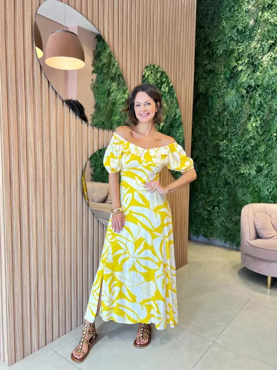 Vestido em viscolinho Midi estampado, Amarelo
